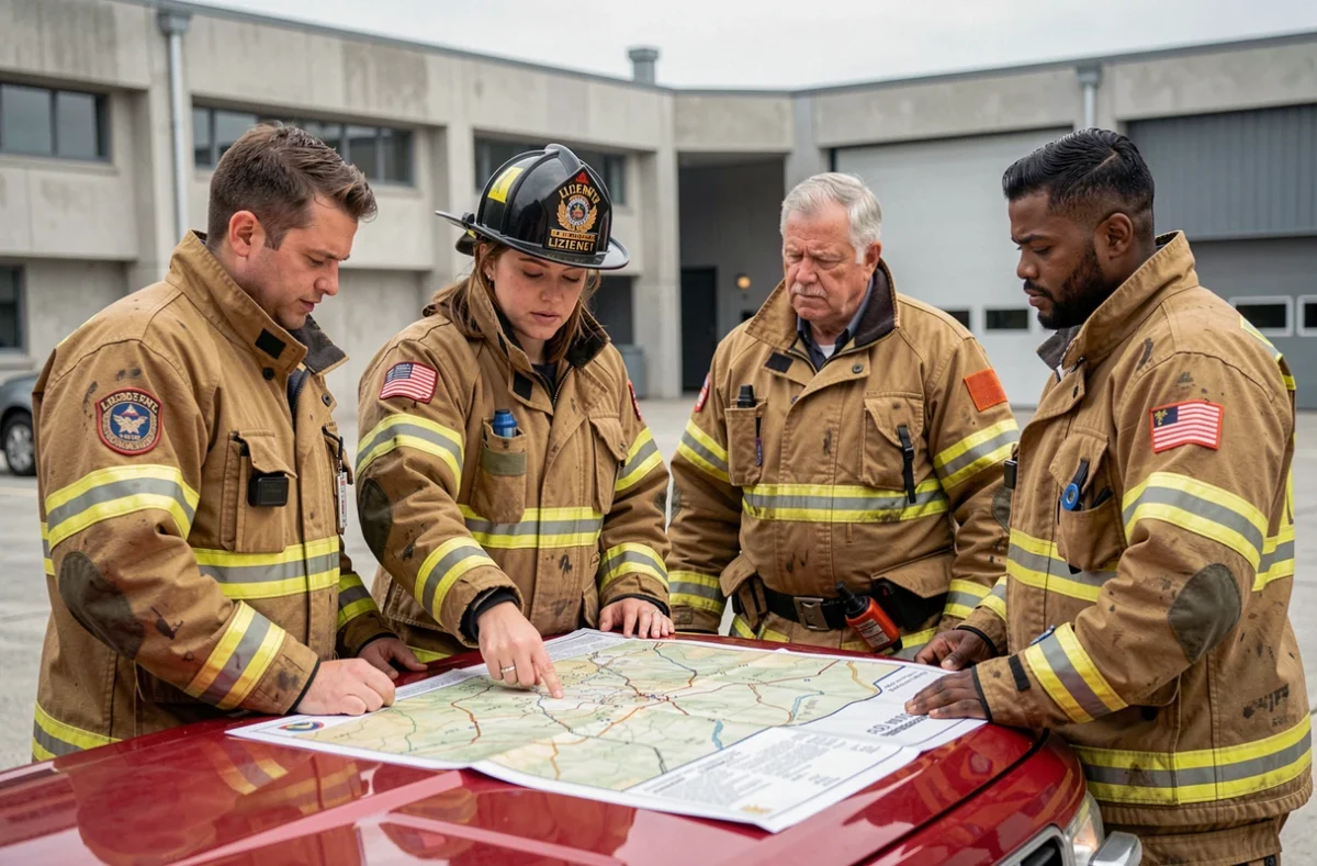 Groupe de pompiers de différents grades autour d'une carte tactique lors d'un exercice opérationnel
