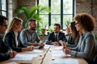 Groupe de professionnels en réunion sur la durabilite