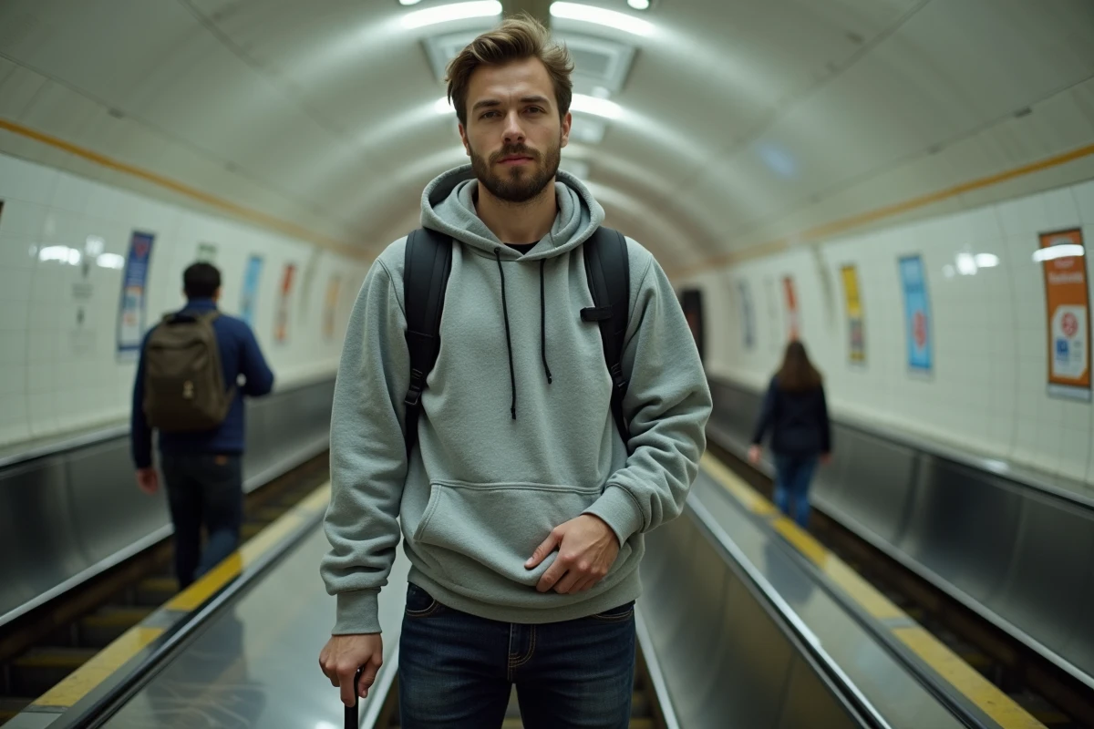 Personne malvoyante utilisant un escalator accessible dans une station de métro parisienne avec signalétique PMR