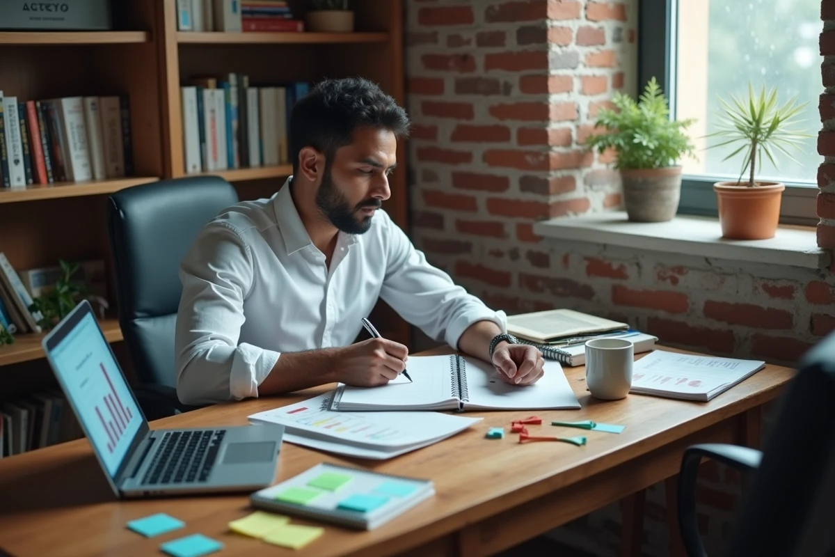 Étudiant en économie internationale prenant des notes sur la théorie de la dotation factorielle à son bureau