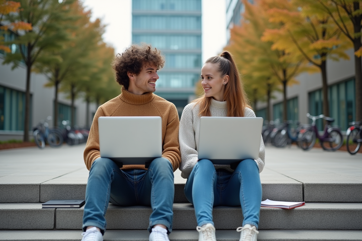 Deux étudiants assis sur les escaliers extérieurs