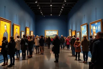 Foule de visiteurs dans une exposition Van Gogh à Lyon, admirant des reproductions de tableaux sur des murs bleus marine