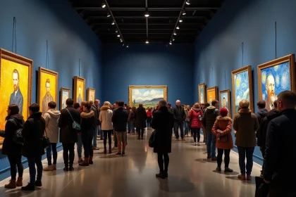 Foule de visiteurs dans une exposition Van Gogh à Lyon, admirant des reproductions de tableaux sur des murs bleus marine