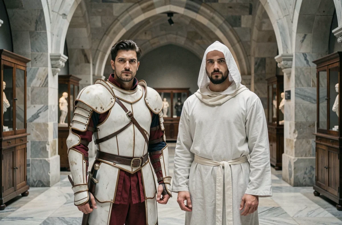 Deux cosplayers représentant Ezio Auditore et Altaïr côte à côte dans un couloir en pierre rappelant une forteresse médiévale