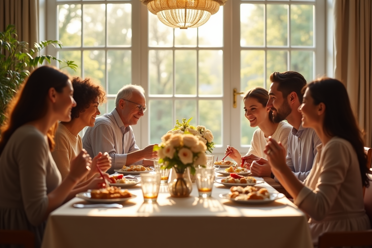 Famille heureuse partageant un repas dans une salle à manger élégante