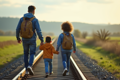 Famille marchant sur voie ferrée rurale en famille