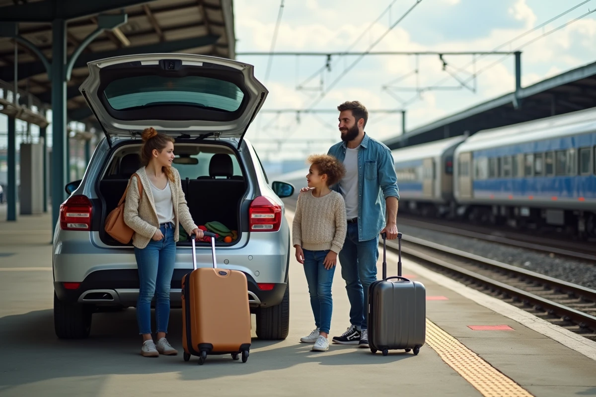 Famille déchargeant bagages à la gare interurbaine