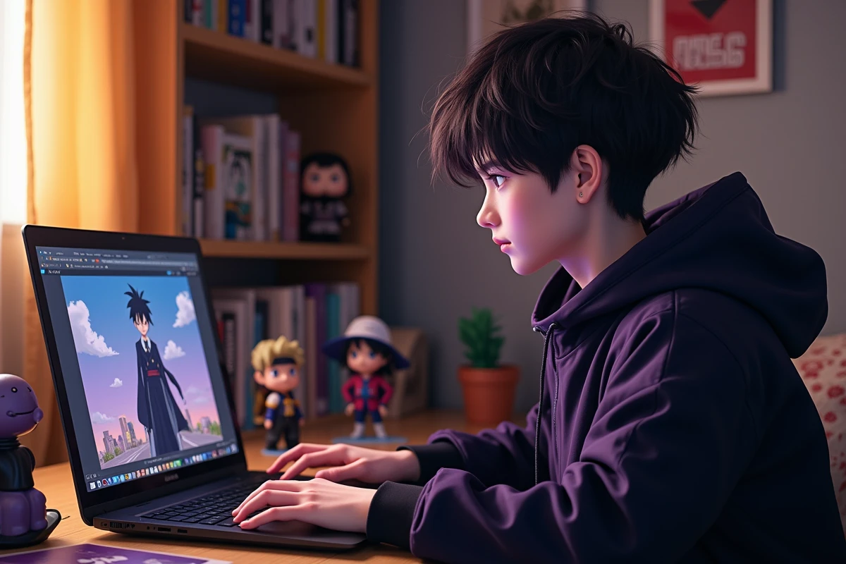 Fan d'anime en cosplay Black Goku assis à un bureau entouré de mangas et figurines Dragon Ball