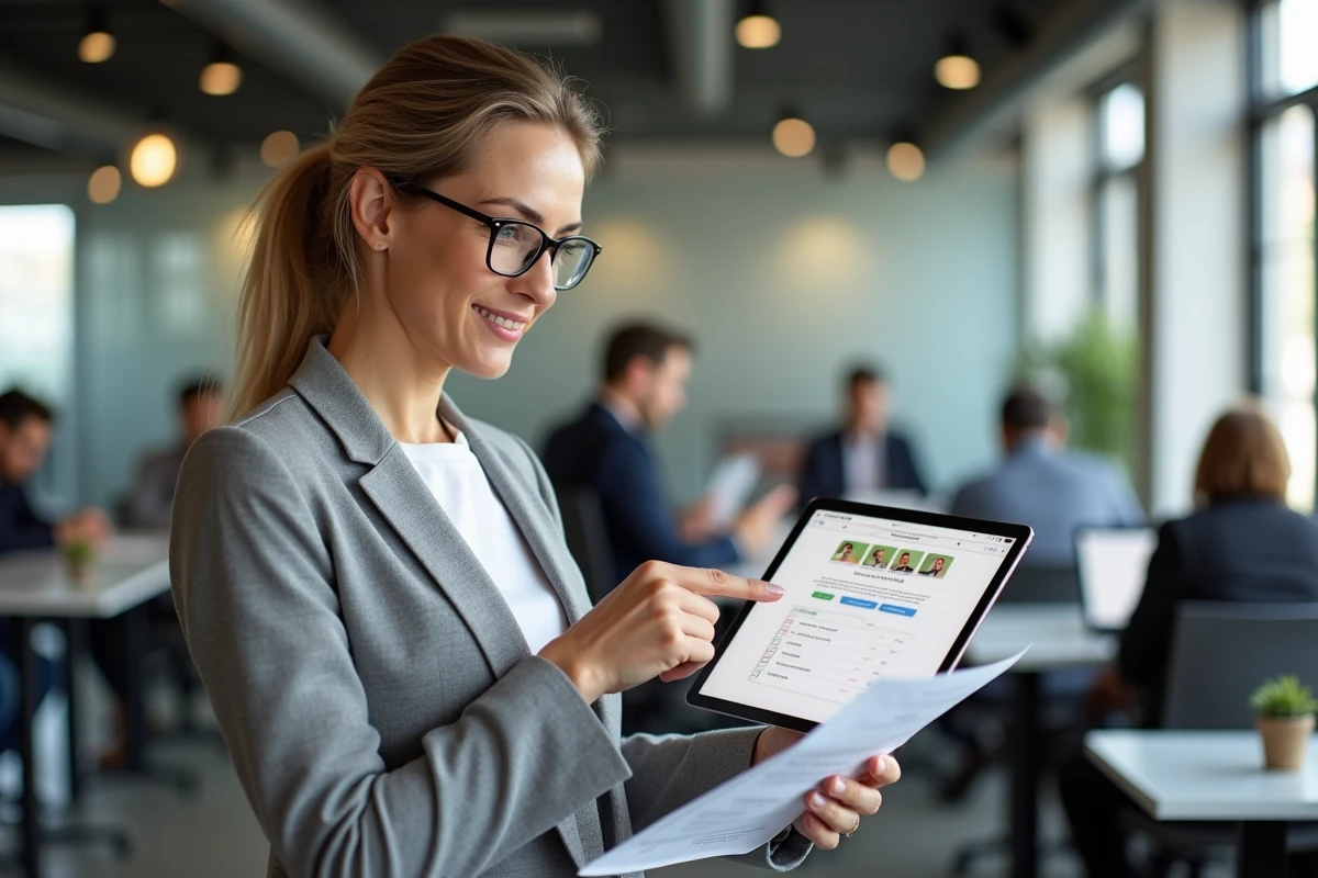 Femme analysant des retours d'expérience et points de vigilance sur un service en ligne dans un espace de coworking