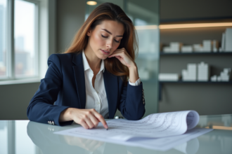 Femme architecte en réunion avec plans et maquettes