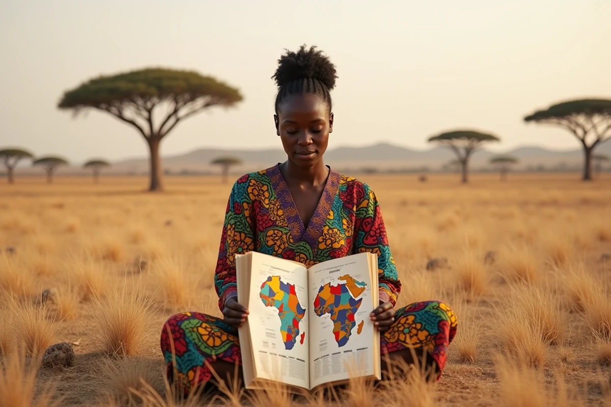 Femme africaine consultant un atlas des plus grands pays d'Afrique assise dans la savane