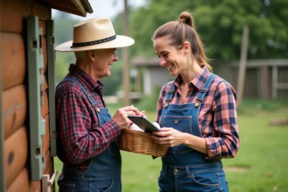 Femme souriante offrant des œufs frais à un voisin âgé