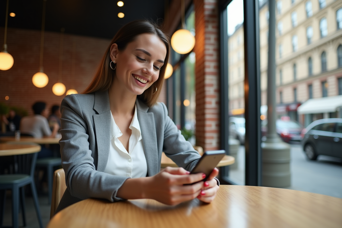 Jeune femme souriante utilisant une application bancaire sur smartphone