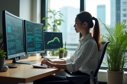 Femme au bureau avec écrans d'IA et infographies environnementales