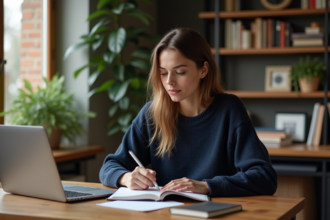 Jeune femme concentrée travaillant dans un bureau à domicile