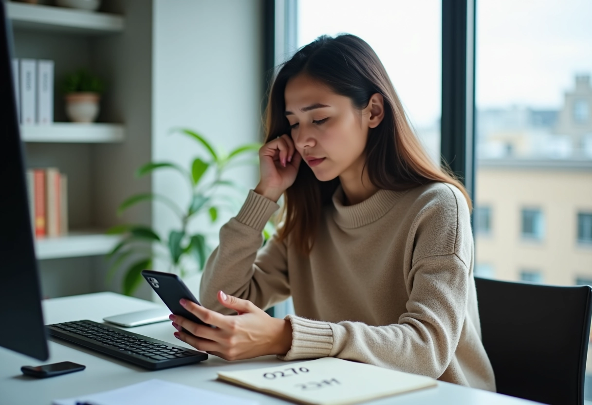 Jeune femme au bureau consulte son smartphone avec perplexite