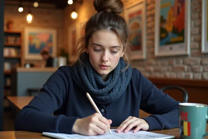 Jeune femme concentrée écrivant dans un café avec croquis français