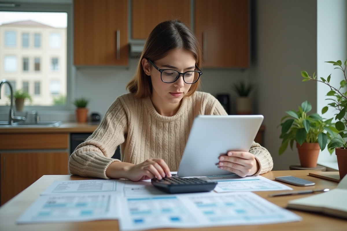 Jeune femme en cuisine analysant des documents financiers