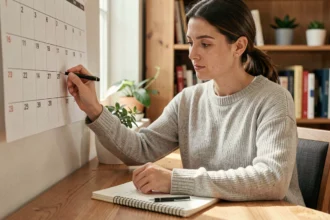 Femme calculant le nombre de jours entre deux dates sur un calendrier papier à son bureau à domicile