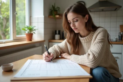 Jeune femme marque deux dates sur un calendrier dans la cuisine