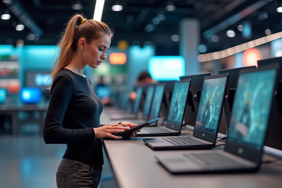 Femme évaluant plusieurs laptops gaming en magasin