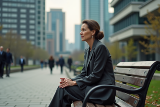 Femme d'âge moyen assise sur un banc urbain contemplant la ville