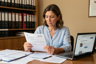 Femme lisant un avis d'amende espagnol à son bureau à domicile, entourée de documents administratifs