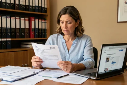 Femme lisant un avis d'amende espagnol à son bureau à domicile, entourée de documents administratifs