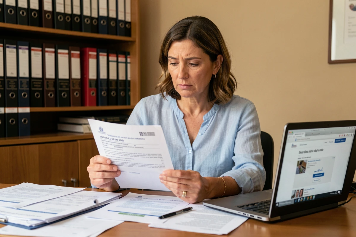 Femme lisant un avis d'amende espagnol à son bureau à domicile, entourée de documents administratifs