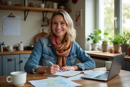 Femme souriante en cuisine avec carnet et carte