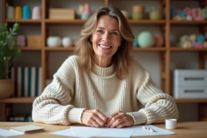 Femme souriante créant des cartes de nouvelle année chaleureuses