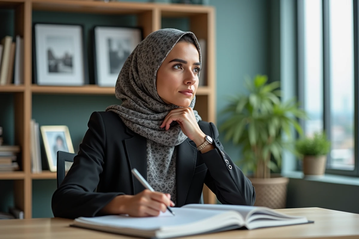 Femme méditative dans un bureau urbain avec décor culturel
