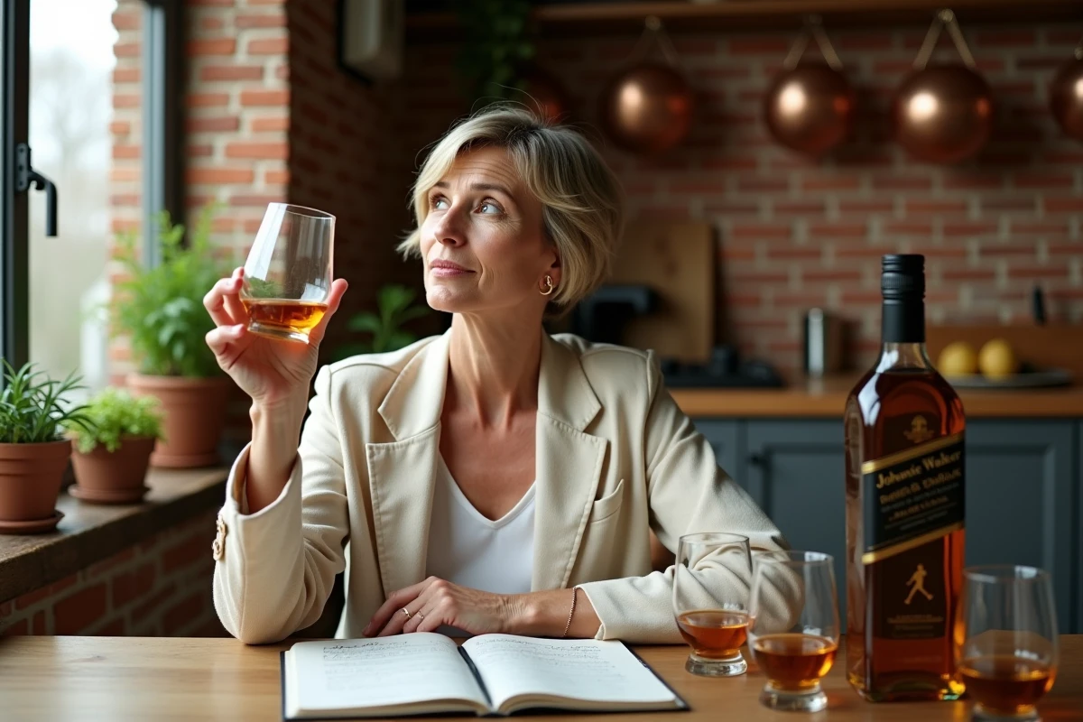 Femme examinant la couleur d'un whisky Johnnie Walker en verre lors d'une séance de dégustation comparée à la maison
