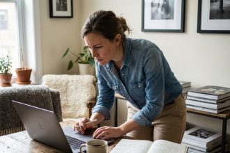 Femme en denim éditant des photos sur un laptop dans un intérieur cosy