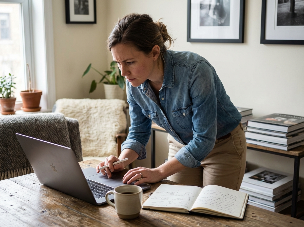 Femme en denim éditant des photos sur un laptop dans un intérieur cosy