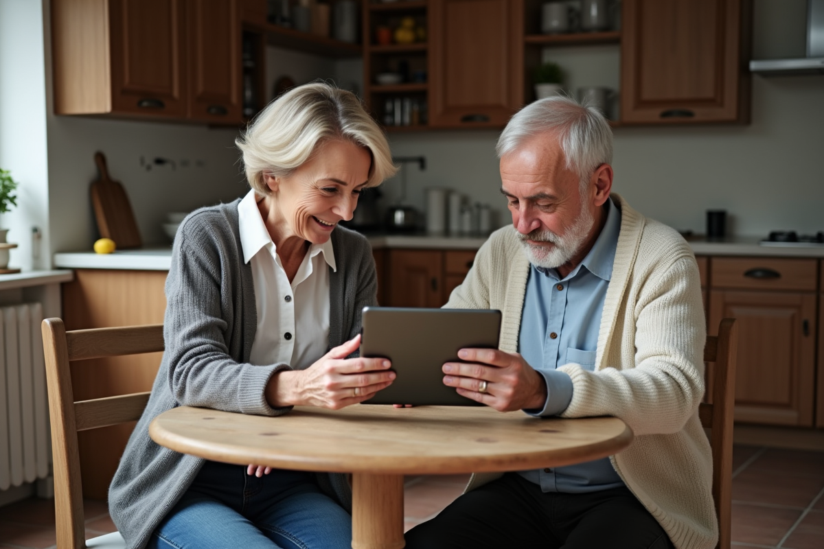 Femme et homme âgés partageant un moment avec une tablette en cuisine