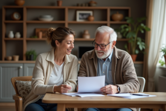 Femme d'âge moyen avec son père dans un intérieur chaleureux