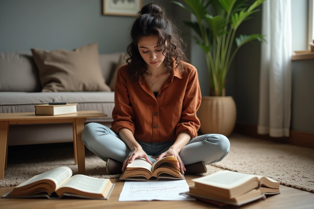 Femme entourée de livres ouverts et d'une frise chronologique manuscrite pour organiser l'ordre de lecture de la saga du Hobbit