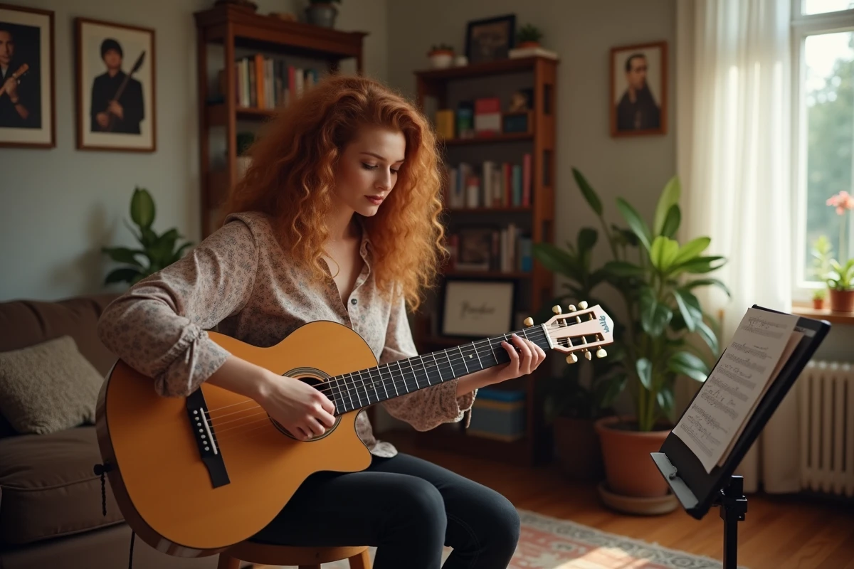 Femme jouant de la guitare acoustique chez elle en préparation pour une émission musicale télévisée