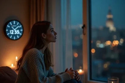 Femme pensive regardant une horloge affichant 22h55 dans un appartement cosy la nuit, ambiance introspective flamme jumelle