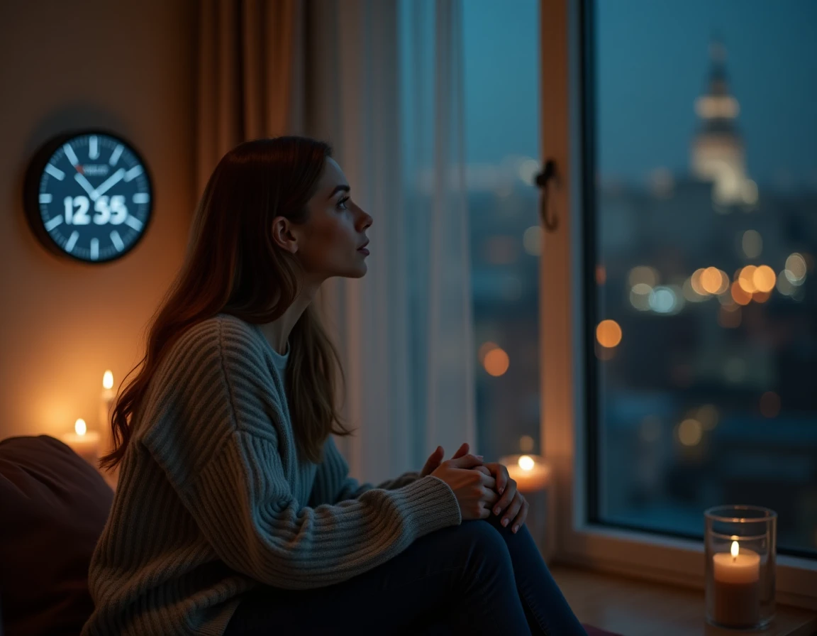 Femme pensive regardant une horloge affichant 22h55 dans un appartement cosy la nuit, ambiance introspective flamme jumelle