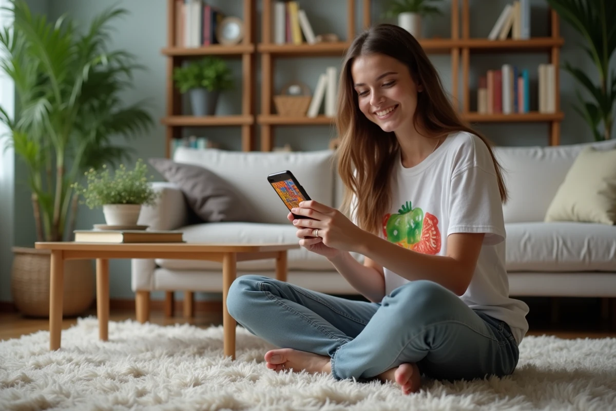 Jeune femme jouant à Blox Fruit sur son smartphone dans le salon