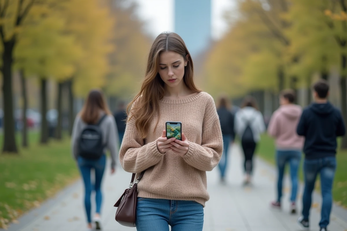 Jeune femme dans un parc urbain regarde son smartphone avec hésitation