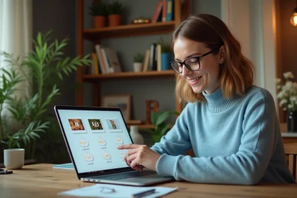 Jeune femme concentrée jouant à un jeu digital dans un bureau cosy
