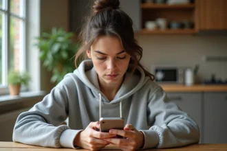 Jeune femme jouant à 4 images 1 mot sur son smartphone à une table en bois dans une cuisine moderne