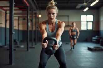 Femme en entraînement kettlebell dans une salle de CrossFit