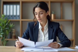 Femme en blazer navy examine deux documents juridiques