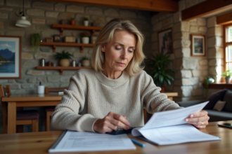 Femme d'âge moyen examinant documents fiscaux à la maison