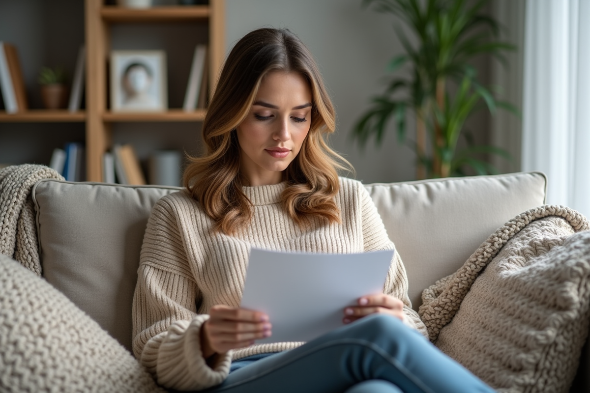 Femme assise sur un canapé lisant un dépliant médical