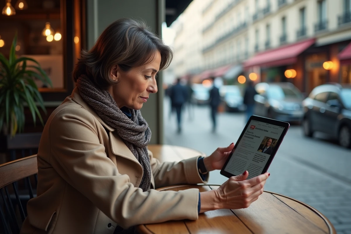 Femme lisant un article sur tablette dans un café